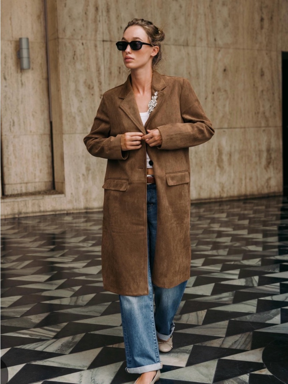 Zara Brown faux suede Frock coat with brooch 🤎